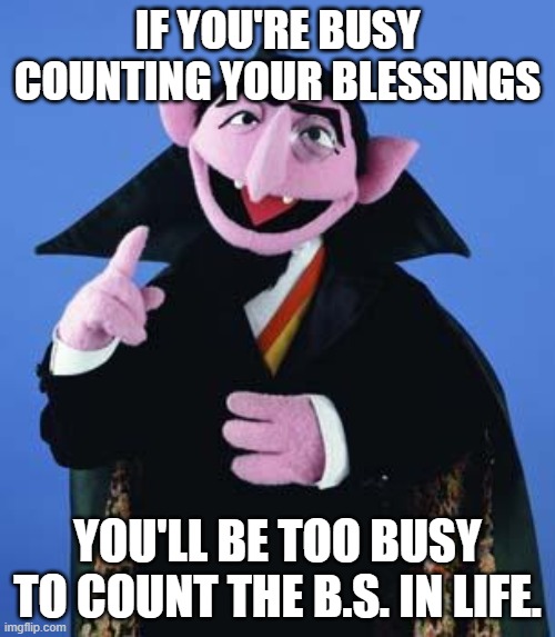 Count blessings | IF YOU'RE BUSY COUNTING YOUR BLESSINGS; YOU'LL BE TOO BUSY TO COUNT THE B.S. IN LIFE. | image tagged in the count | made w/ Imgflip meme maker