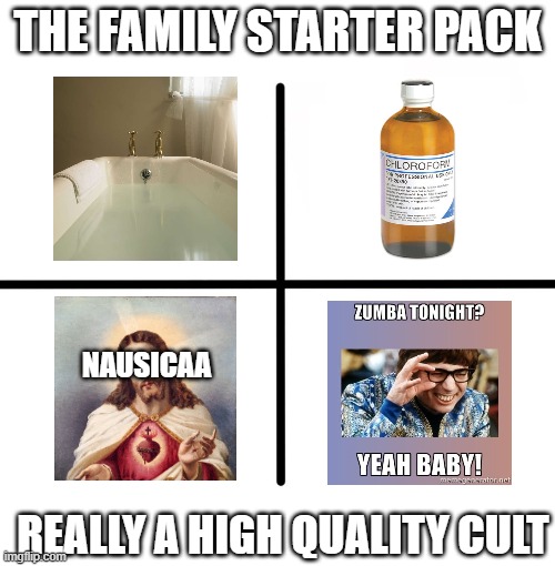 Blank Starter Pack Meme | THE FAMILY STARTER PACK; NAUSICAA; REALLY A HIGH QUALITY CULT | image tagged in memes,blank starter pack | made w/ Imgflip meme maker