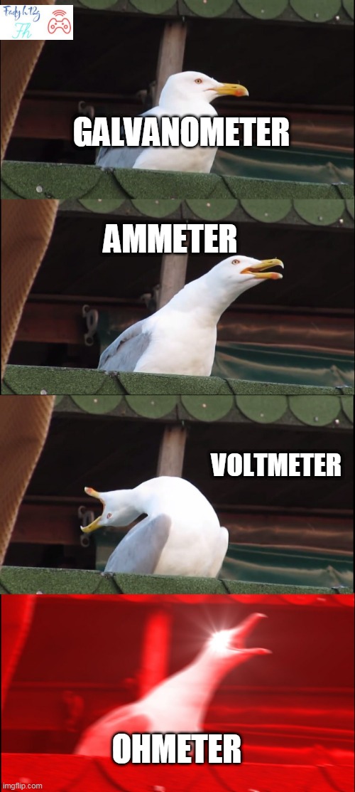 DEVICES | GALVANOMETER; AMMETER; VOLTMETER; OHMETER | image tagged in memes,inhaling seagull | made w/ Imgflip meme maker