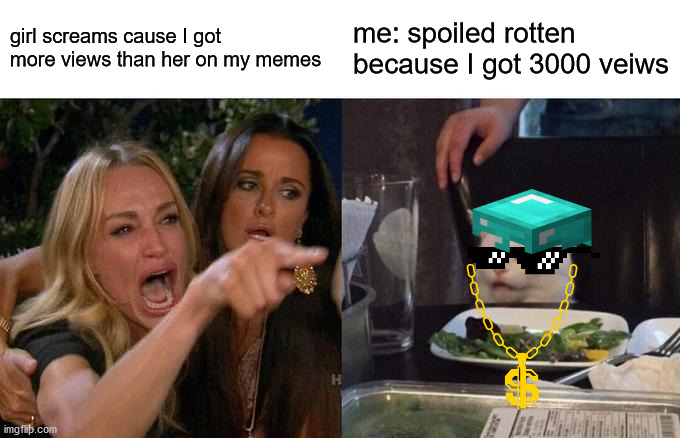 spoiled cat | girl screams cause I got more views than her on my memes; me: spoiled rotten because I got 3000 veiws | image tagged in memes,woman yelling at cat | made w/ Imgflip meme maker