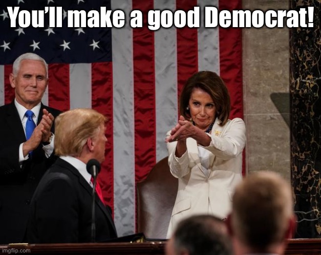 Nancy Pelosi Clap | You’ll make a good Democrat! | image tagged in nancy pelosi clap | made w/ Imgflip meme maker