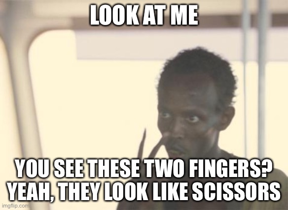 I'm The Captain Now | LOOK AT ME; YOU SEE THESE TWO FINGERS? YEAH, THEY LOOK LIKE SCISSORS | image tagged in memes,i'm the captain now | made w/ Imgflip meme maker