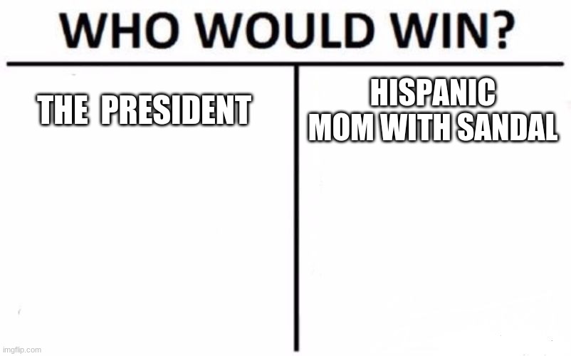 Who Would Win? Meme | THE  PRESIDENT; HISPANIC MOM WITH SANDAL | image tagged in memes,who would win | made w/ Imgflip meme maker
