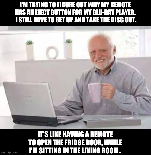 Poor Harold. | I'M TRYING TO FIGURE OUT WHY MY REMOTE HAS AN EJECT BUTTON FOR MY BLU-RAY PLAYER.  I STILL HAVE TO GET UP AND TAKE THE DISC OUT. IT'S LIKE HAVING A REMOTE TO OPEN THE FRIDGE DOOR, WHILE I’M SITTING IN THE LIVING ROOM.. | image tagged in harold | made w/ Imgflip meme maker