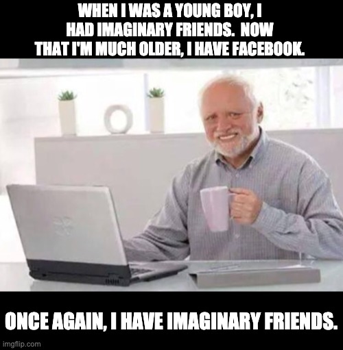 Imaginary Friends | WHEN I WAS A YOUNG BOY, I HAD IMAGINARY FRIENDS.  NOW THAT I'M MUCH OLDER, I HAVE FACEBOOK. ONCE AGAIN, I HAVE IMAGINARY FRIENDS. | image tagged in harold | made w/ Imgflip meme maker