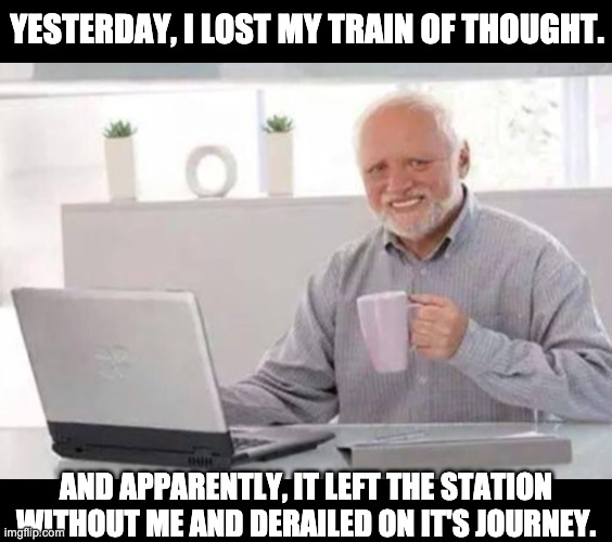 Choo Choo | YESTERDAY, I LOST MY TRAIN OF THOUGHT. AND APPARENTLY, IT LEFT THE STATION WITHOUT ME AND DERAILED ON IT'S JOURNEY. | image tagged in harold | made w/ Imgflip meme maker