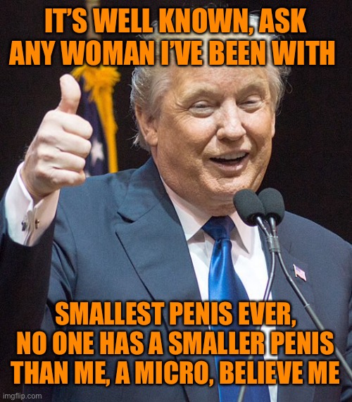 IT’S WELL KNOWN, ASK ANY WOMAN I’VE BEEN WITH SMALLEST PENIS EVER, NO ONE HAS A SMALLER PENIS THAN ME, A MICRO, BELIEVE ME | made w/ Imgflip meme maker