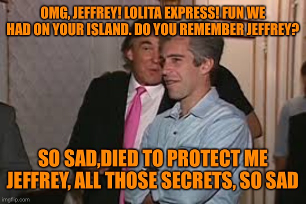 OMG, JEFFREY! LOLITA EXPRESS! FUN WE HAD ON YOUR ISLAND. DO YOU REMEMBER JEFFREY? SO SAD,DIED TO PROTECT ME JEFFREY, ALL THOSE SECRETS, SO S | made w/ Imgflip meme maker