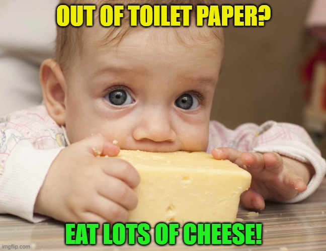 It binds ya up! | OUT OF TOILET PAPER? EAT LOTS OF CHEESE! | image tagged in funny,quarantine,covid-19,toilet paper,coronavirus,imgflip | made w/ Imgflip meme maker