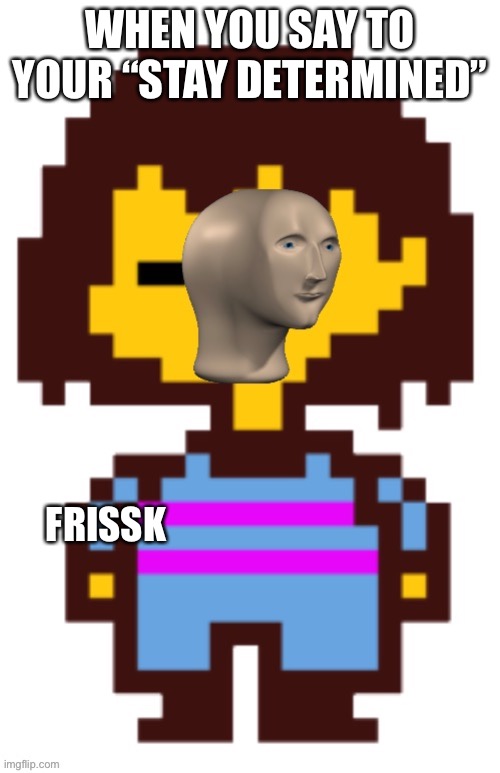 meme man frisk | WHEN YOU SAY TO YOUR “STAY DETERMINED”; FRISSK | image tagged in meme man frisk | made w/ Imgflip meme maker