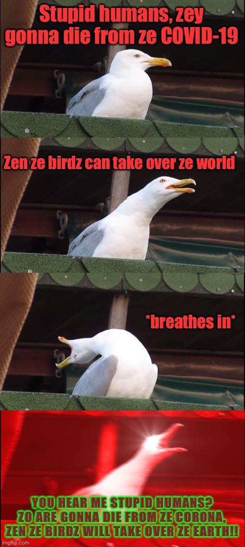 Inhaling Seagull Meme | Stupid humans, zey gonna die from ze COVID-19; Zen ze birdz can take over ze world; *breathes in*; YOU HEAR ME STUPID HUMANS? ZO ARE GONNA DIE FROM ZE CORONA, ZEN ZE BIRDZ WILL TAKE OVER ZE EARTH!! | image tagged in memes,inhaling seagull | made w/ Imgflip meme maker