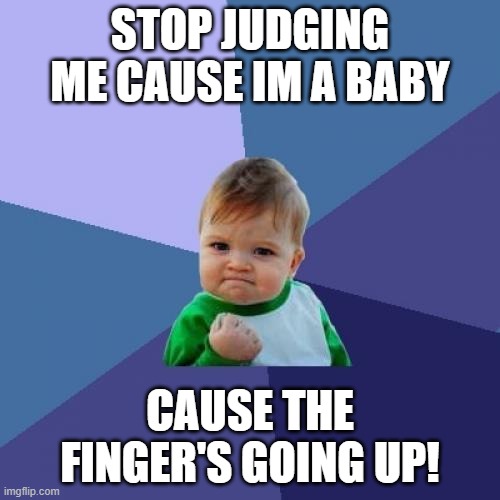 the naughty naughty grinch's kid | STOP JUDGING ME CAUSE IM A BABY; CAUSE THE FINGER'S GOING UP! | image tagged in memes,success kid | made w/ Imgflip meme maker