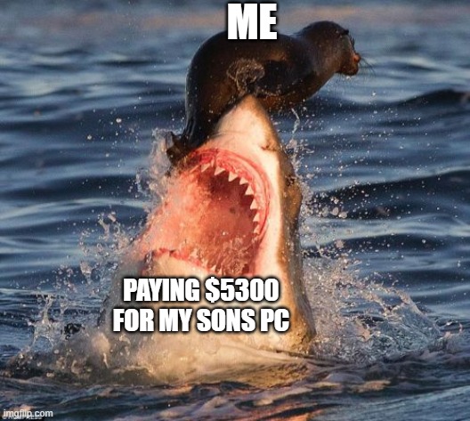 Travelonshark | ME; PAYING $5300 FOR MY SONS PC | image tagged in memes,travelonshark | made w/ Imgflip meme maker