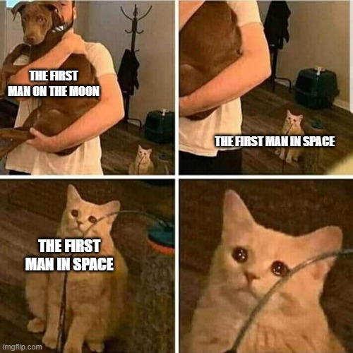 Sad Cat Holding Dog | THE FIRST MAN ON THE MOON; THE FIRST MAN IN SPACE; THE FIRST MAN IN SPACE | image tagged in sad cat holding dog | made w/ Imgflip meme maker