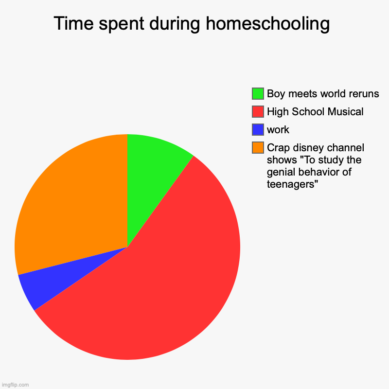 Homeschooling fails | Time spent during homeschooling | Crap disney channel shows "To study the genial behavior of teenagers", work, High School Musical, Boy meet | image tagged in charts,pie charts,homeschool | made w/ Imgflip chart maker