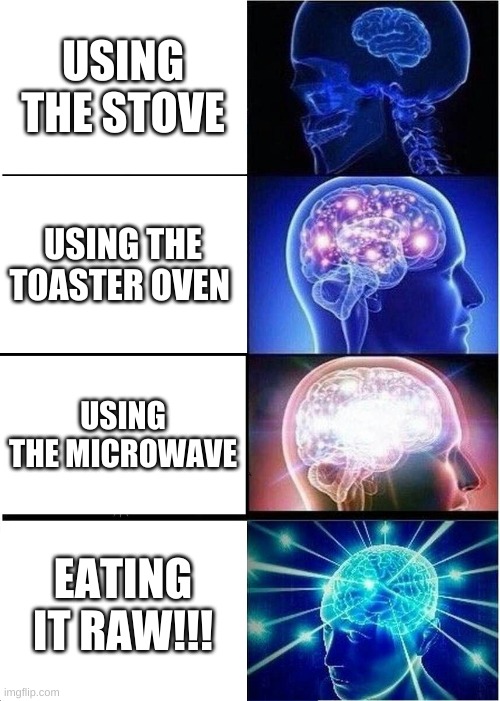 Expanding Brain | USING THE STOVE; USING THE TOASTER OVEN; USING THE MICROWAVE; EATING IT RAW!!! | image tagged in memes,expanding brain | made w/ Imgflip meme maker