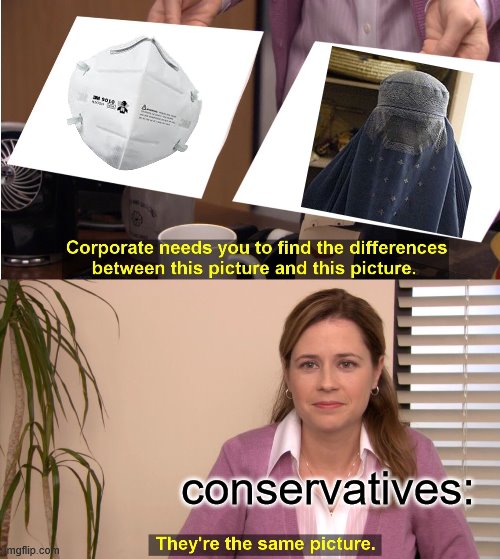 Conservatives insist on drawing this comparison. Can you spot any differences? | conservatives: | image tagged in they're the same picture,conservative logic,burka,covid-19,burkas,oppression | made w/ Imgflip meme maker