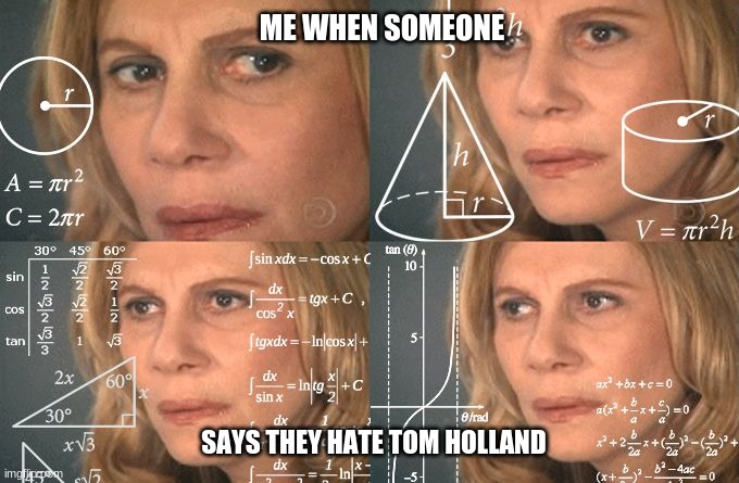 lady doing math | ME WHEN SOMEONE; SAYS THEY HATE TOM HOLLAND | image tagged in lady doing math | made w/ Imgflip meme maker