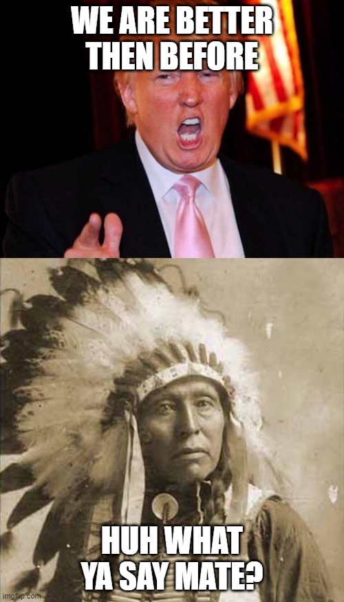 Donald Trump and Native American | WE ARE BETTER THEN BEFORE; HUH WHAT YA SAY MATE? | image tagged in donald trump and native american | made w/ Imgflip meme maker