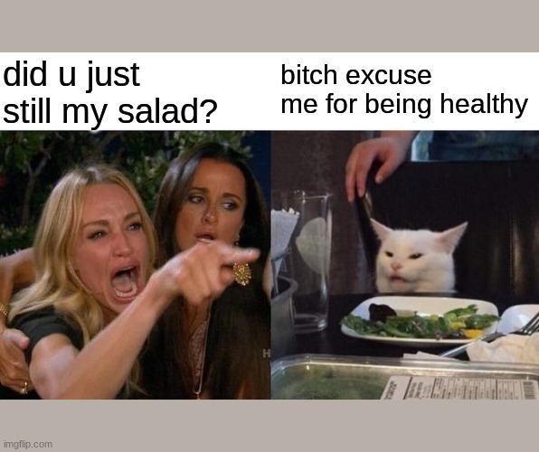 Woman Yelling At Cat | did u just still my salad? bitch excuse me for being healthy | image tagged in memes,woman yelling at cat | made w/ Imgflip meme maker