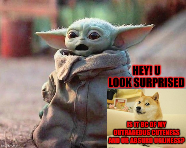 Surprised Baby Yoda | HEY! U LOOK SURPRISED; IS IT BC OF MY OUTRAGEOUS CUTENESS AND UR ABSURD UGLINESS? | image tagged in surprised baby yoda,memes,doge 2 | made w/ Imgflip meme maker