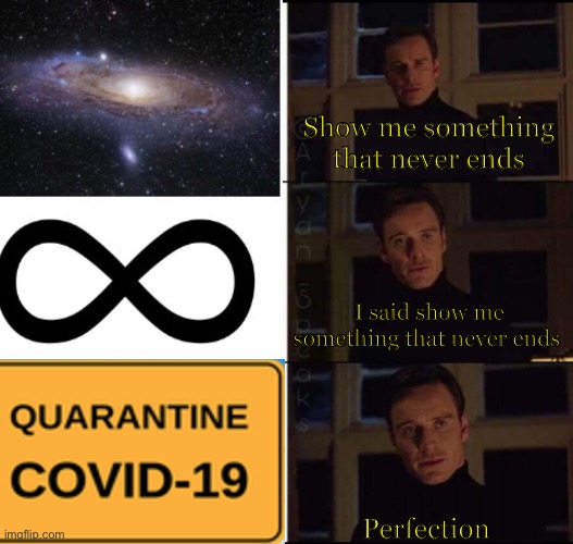 Perfect |  Show me something that never ends; I said show me something that never ends; Perfection | image tagged in coronavirus | made w/ Imgflip meme maker