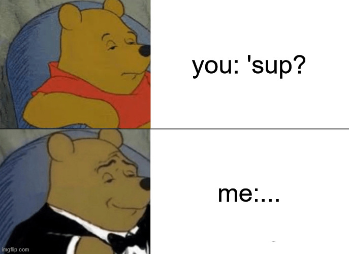 when your stuck with someone | you: 'sup? me:... | image tagged in memes,tuxedo winnie the pooh | made w/ Imgflip meme maker