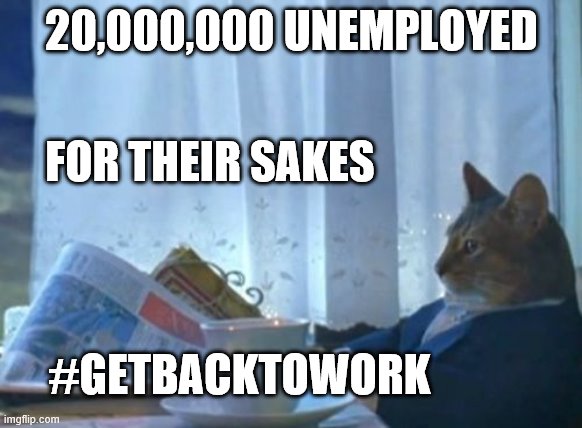 The curve has been flattened. It's all over. Open everything NOW! | 20,000,000 UNEMPLOYED; FOR THEIR SAKES; #GETBACKTOWORK | image tagged in politics,i should buy a boat cat,quarantine,unemployment,coronavirus | made w/ Imgflip meme maker