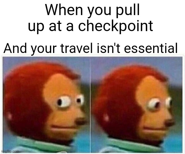 Covid checkpoints | When you pull up at a checkpoint; And your travel isn't essential | image tagged in memes,monkey puppet | made w/ Imgflip meme maker