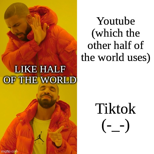 Bruh... | Youtube (which the other half of the world uses); LIKE HALF OF THE WORLD; Tiktok (-_-) | image tagged in memes,drake hotline bling | made w/ Imgflip meme maker