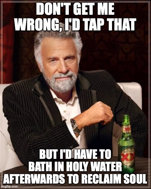 The Most Interesting Man In The World Meme | DON'T GET ME WRONG, I'D TAP THAT BUT I'D HAVE TO BATH IN HOLY WATER AFTERWARDS TO RECLAIM SOUL | image tagged in memes,the most interesting man in the world | made w/ Imgflip meme maker