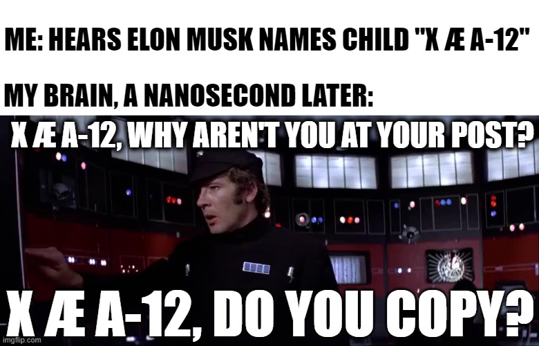 X Æ A-12, aren't you a little short for a stormtrooper? | ME: HEARS ELON MUSK NAMES CHILD "X Æ A-12"; MY BRAIN, A NANOSECOND LATER:; X Æ A-12, WHY AREN'T YOU AT YOUR POST? X Æ A-12, DO YOU COPY? | image tagged in star wars,tk-421,elon musk | made w/ Imgflip meme maker