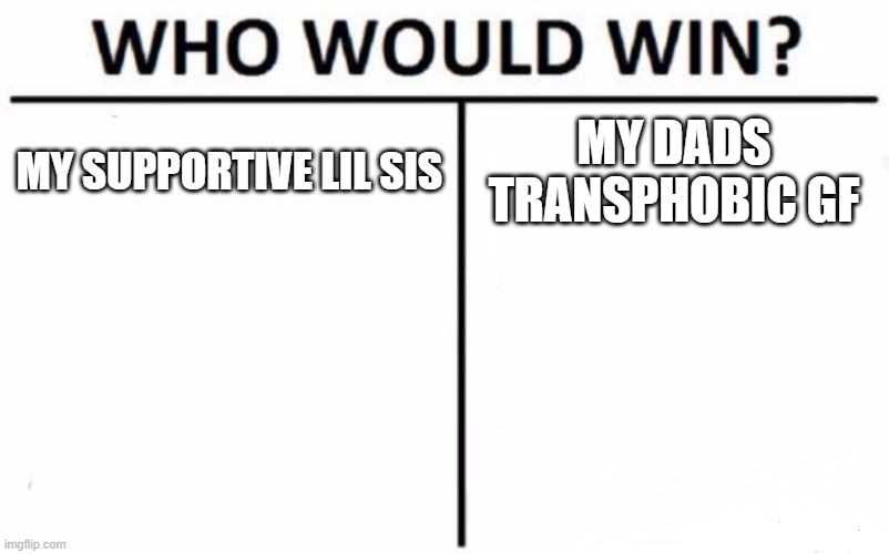 Who Would Win? | MY SUPPORTIVE LIL SIS; MY DADS TRANSPHOBIC GF | image tagged in memes,who would win | made w/ Imgflip meme maker