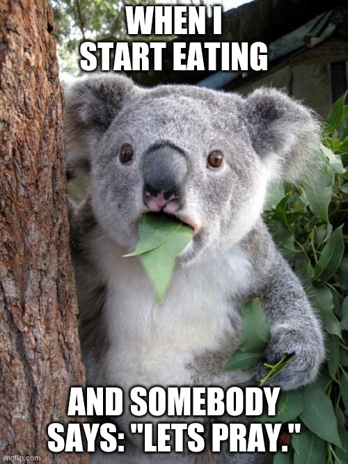 Surprised Koala | WHEN I START EATING; AND SOMEBODY SAYS: "LETS PRAY." | image tagged in memes,surprised koala | made w/ Imgflip meme maker