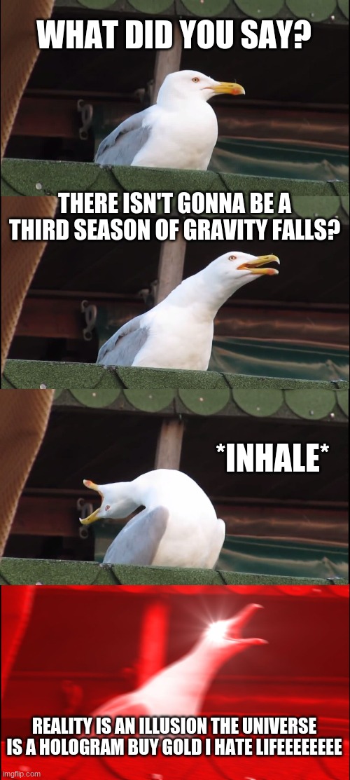 Inhaling Seagull | WHAT DID YOU SAY? THERE ISN'T GONNA BE A THIRD SEASON OF GRAVITY FALLS? *INHALE*; REALITY IS AN ILLUSION THE UNIVERSE IS A HOLOGRAM BUY GOLD I HATE LIFEEEEEEEE | image tagged in memes,inhaling seagull,gravity falls,life sucks | made w/ Imgflip meme maker