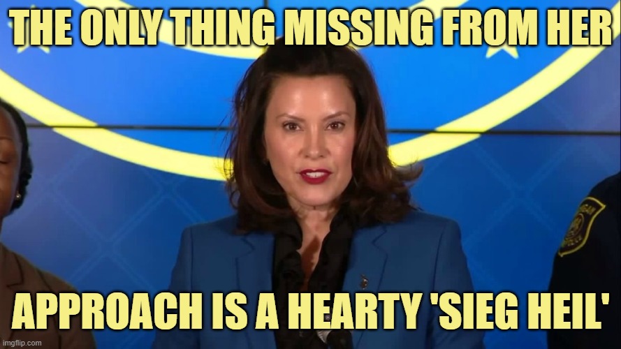 Stand up to tyrants | THE ONLY THING MISSING FROM HER; APPROACH IS A HEARTY 'SIEG HEIL' | image tagged in gretchen whitmer | made w/ Imgflip meme maker