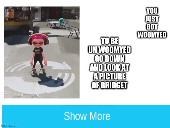 Get Woomyed | YOU JUST GOT WOOMYED; TO BE UN WOOMYED GO DOWN AND LOOK AT A PICTURE OF BRIDGET | image tagged in blank white template | made w/ Imgflip meme maker