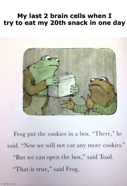 My last 2 brain cells when I try to eat my 20th snack in one day | image tagged in frog,toad,box | made w/ Imgflip meme maker
