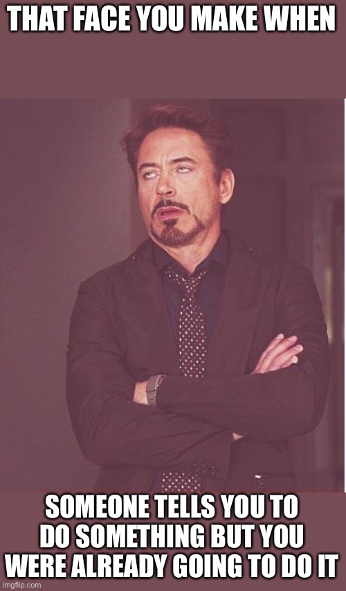 Face You Make Robert Downey Jr Meme | THAT FACE YOU MAKE WHEN; SOMEONE TELLS YOU TO DO SOMETHING BUT YOU WERE ALREADY GOING TO DO IT | image tagged in memes,face you make robert downey jr | made w/ Imgflip meme maker