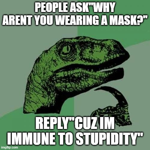 dumb | PEOPLE ASK"WHY ARENT YOU WEARING A MASK?"; REPLY"CUZ IM IMMUNE TO STUPIDITY" | image tagged in memes,philosoraptor | made w/ Imgflip meme maker