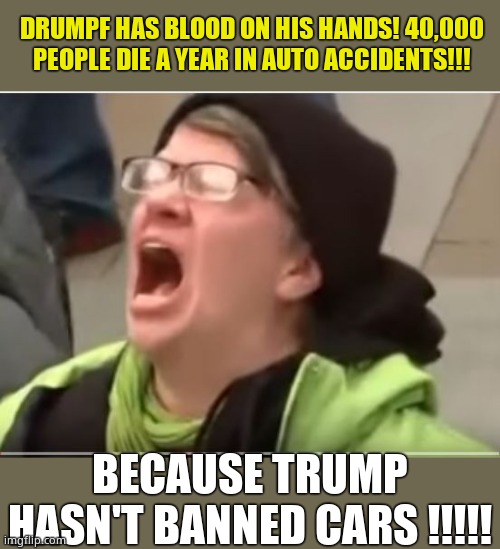 This is how stupid feral TDS morons look for personally blaming Trump for covid-19 deaths. | DRUMPF HAS BLOOD ON HIS HANDS! 40,000 PEOPLE DIE A YEAR IN AUTO ACCIDENTS!!! BECAUSE TRUMP HASN'T BANNED CARS !!!!! | image tagged in screaming liberal,children,tds,insane,the left | made w/ Imgflip meme maker