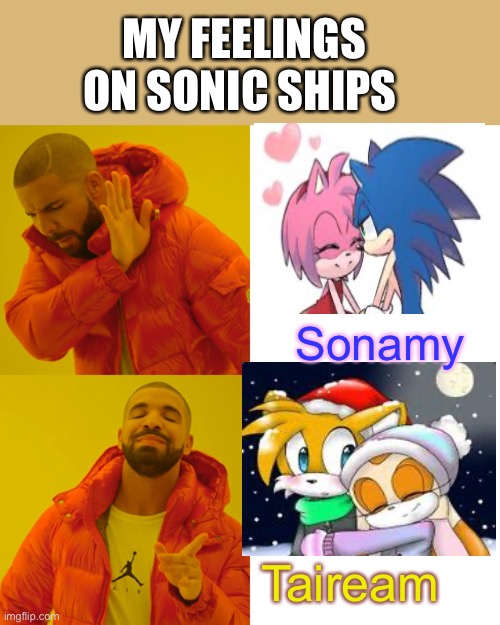 I prefer Taiream | MY FEELINGS ON SONIC SHIPS; Sonamy; Taiream | image tagged in memes,drake hotline bling | made w/ Imgflip meme maker