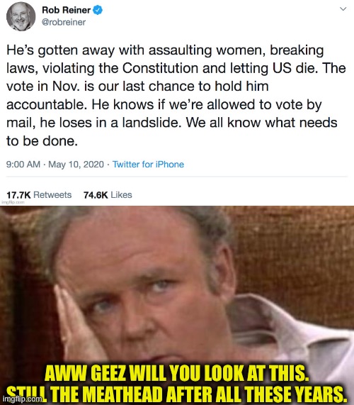 Rob Reiner: Still the meathead | AWW GEEZ WILL YOU LOOK AT THIS. STILL THE MEATHEAD AFTER ALL THESE YEARS. | image tagged in rob reiner,election 2020,archie bunker,politics | made w/ Imgflip meme maker