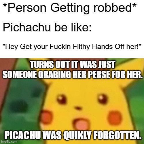 OH PICACHU | *Person Getting robbed*; Pichachu be like:; "Hey Get your Fuckin Filthy Hands Off her!"; TURNS OUT IT WAS JUST SOMEONE GRABING HER PERSE FOR HER. PICACHU WAS QUIKLY FORGOTTEN. | image tagged in memes,surprised pikachu | made w/ Imgflip meme maker