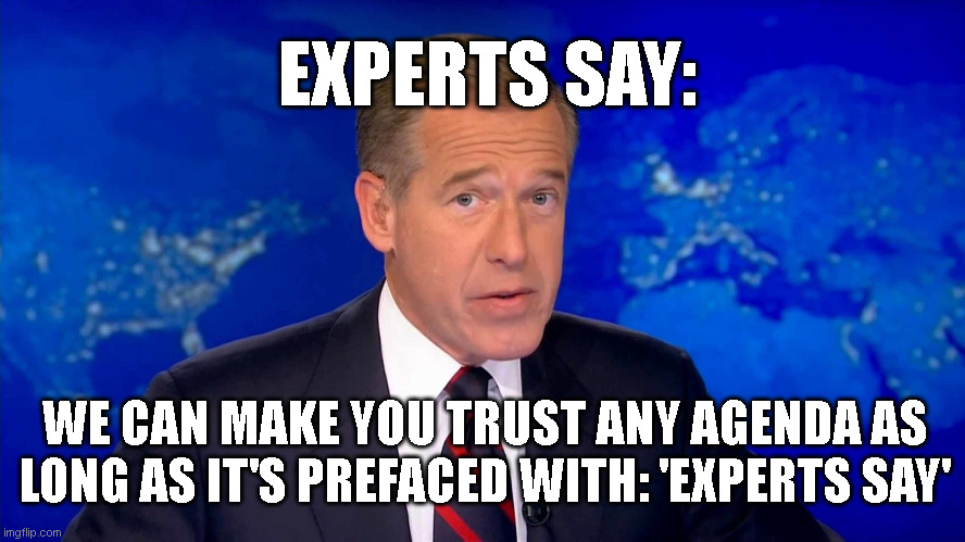EXPERTS SAY:; WE CAN MAKE YOU TRUST ANY AGENDA AS
LONG AS IT'S PREFACED WITH: 'EXPERTS SAY' | made w/ Imgflip meme maker