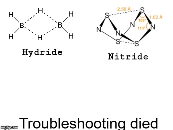 Hydride, Nitride, | Troubleshooting died | image tagged in hydride nitride | made w/ Imgflip meme maker