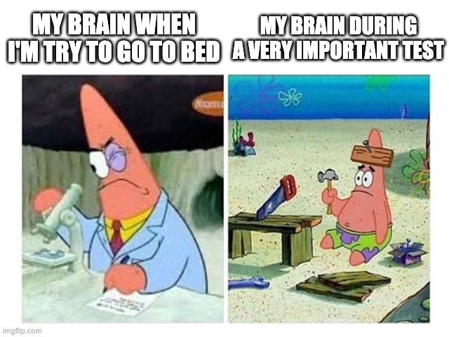Patrick Scientist vs. Nail | MY BRAIN DURING A VERY IMPORTANT TEST; MY BRAIN WHEN I'M TRY TO GO TO BED | image tagged in patrick scientist vs nail | made w/ Imgflip meme maker