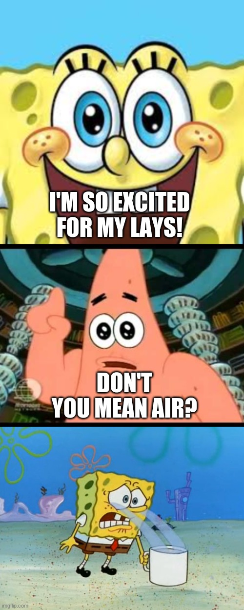 Spongebob apparently didn't know lays were air. | I'M SO EXCITED FOR MY LAYS! DON'T YOU MEAN AIR? | image tagged in memes,patrick says,depression,oof size large | made w/ Imgflip meme maker