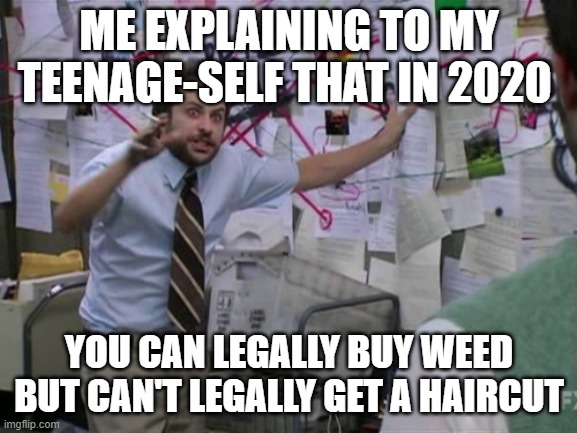 2020 | ME EXPLAINING TO MY TEENAGE-SELF THAT IN 2020; YOU CAN LEGALLY BUY WEED BUT CAN'T LEGALLY GET A HAIRCUT | image tagged in charlie day | made w/ Imgflip meme maker