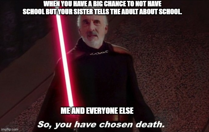 No don't do it!!! | WHEN YOU HAVE A BIG CHANCE TO NOT HAVE SCHOOL BUT YOUR SISTER TELLS THE ADULT ABOUT SCHOOL. ME AND EVERYONE ELSE | image tagged in so you have choosen death,school reminders,school,why me | made w/ Imgflip meme maker